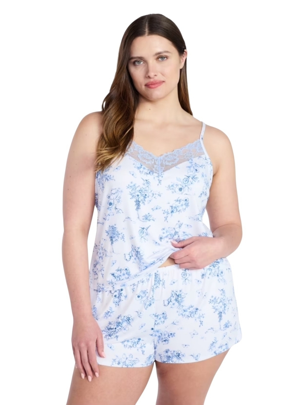 Light Blue Floral Lace-Trim Cami & Shorts Sleep Set